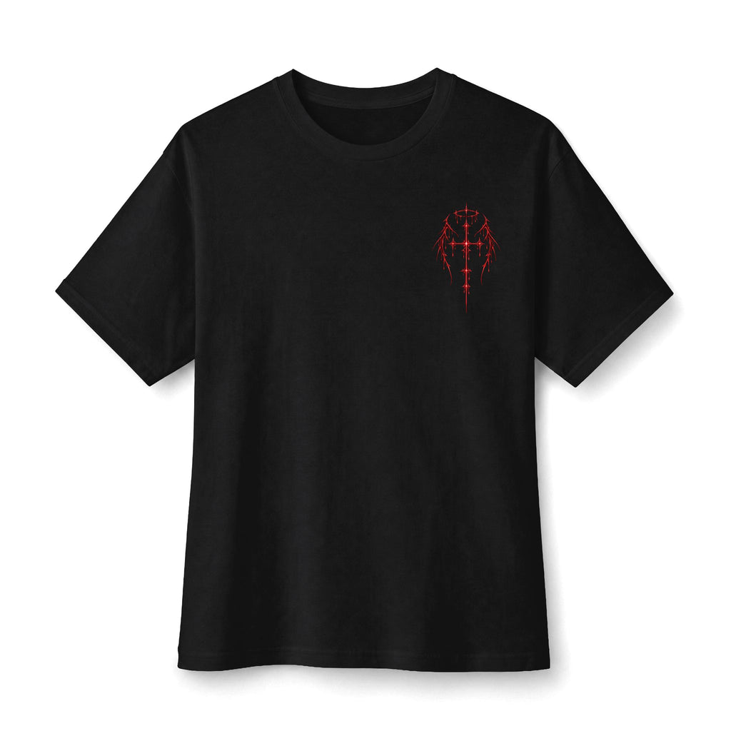 Gothic Fallen Angel Tee — Dark Red Winged Guardian Graphic T-Shirt