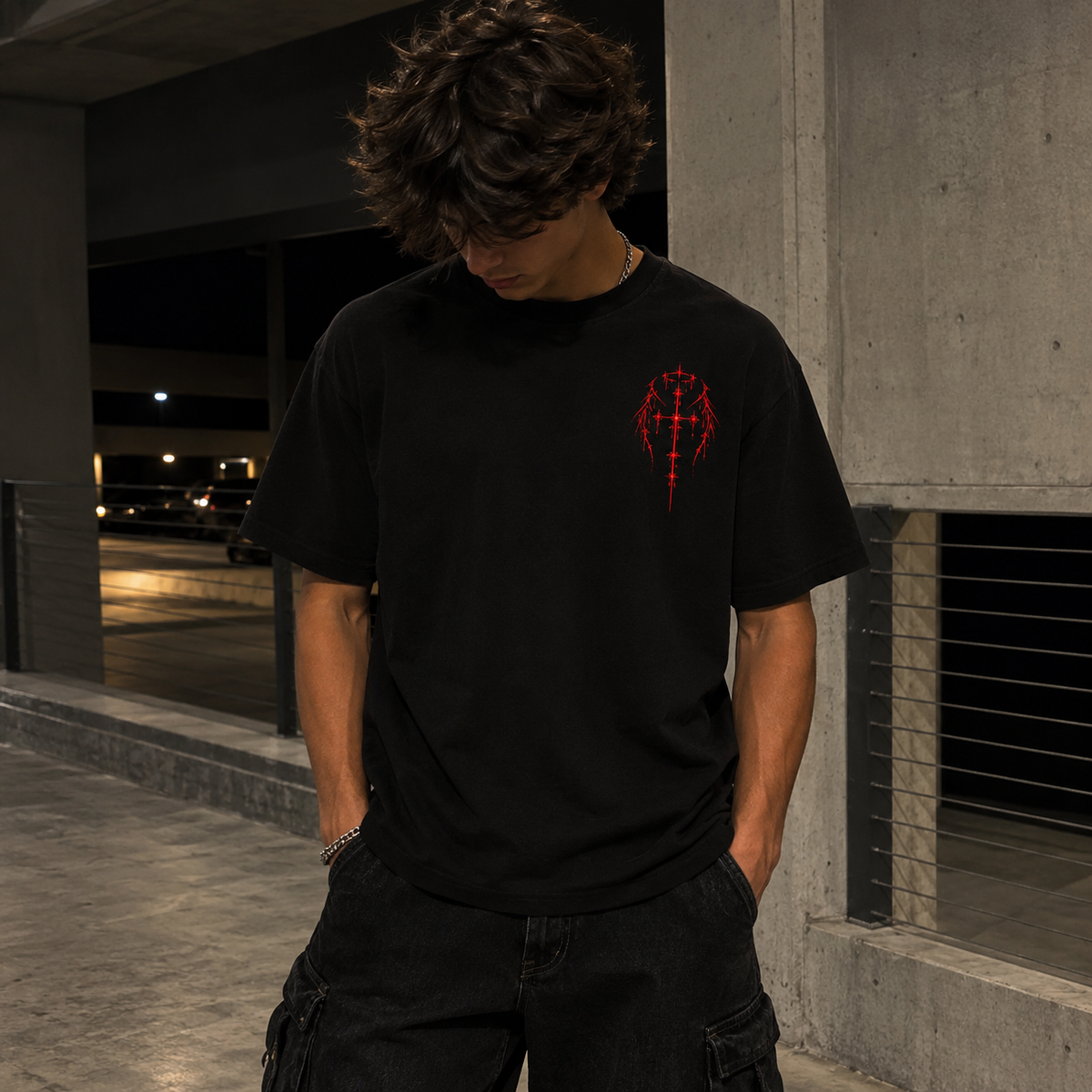 Gothic Fallen Angel Tee — Dark Red Winged Guardian Graphic T-Shirt