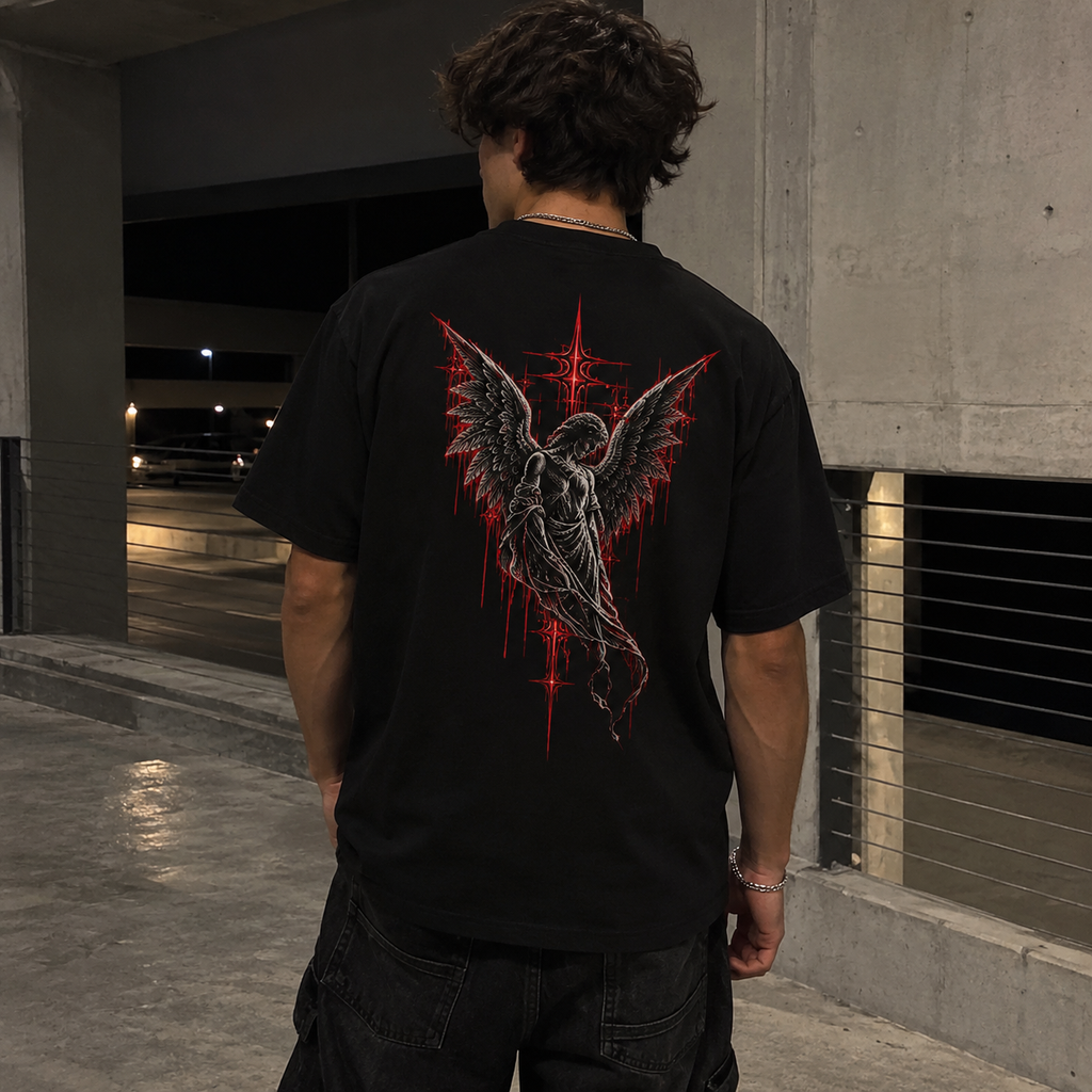Gothic Fallen Angel Tee — Dark Red Winged Guardian Graphic T-Shirt