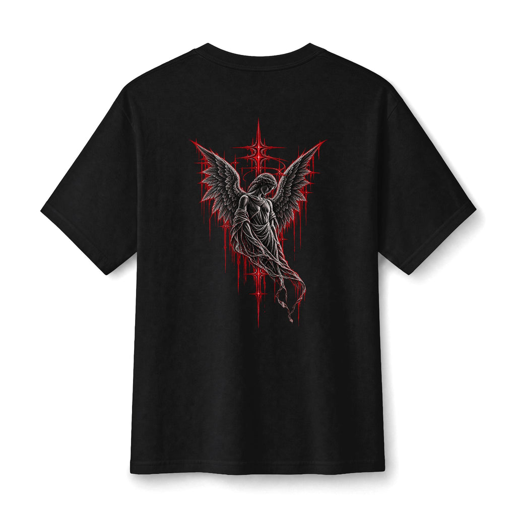 Gothic Fallen Angel Tee — Dark Red Winged Guardian Graphic T-Shirt
